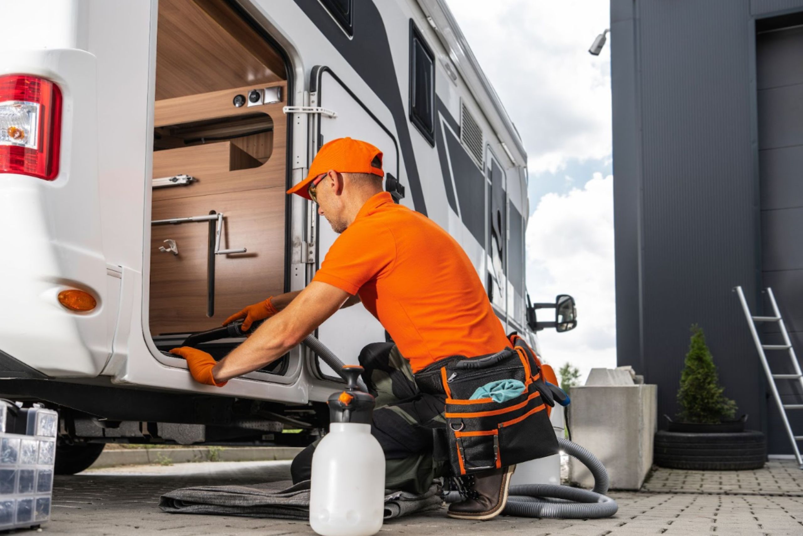 rv exterior maintenance on a white rv